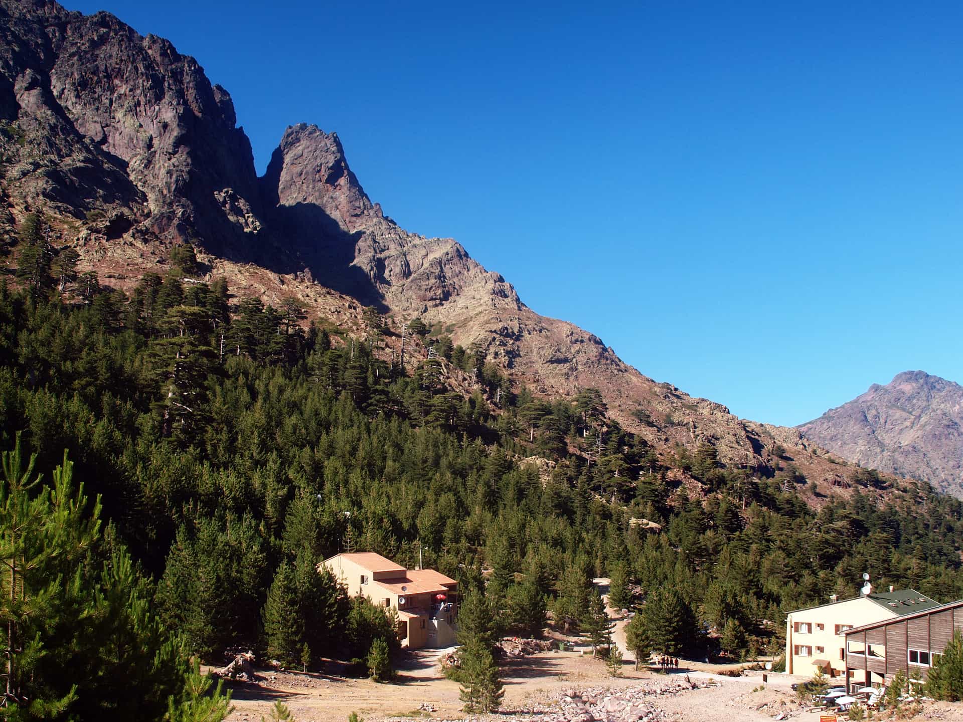 Refuge d'Asco mountain buildings nestled in pine forest below rocky peaks under clear blue sky.
