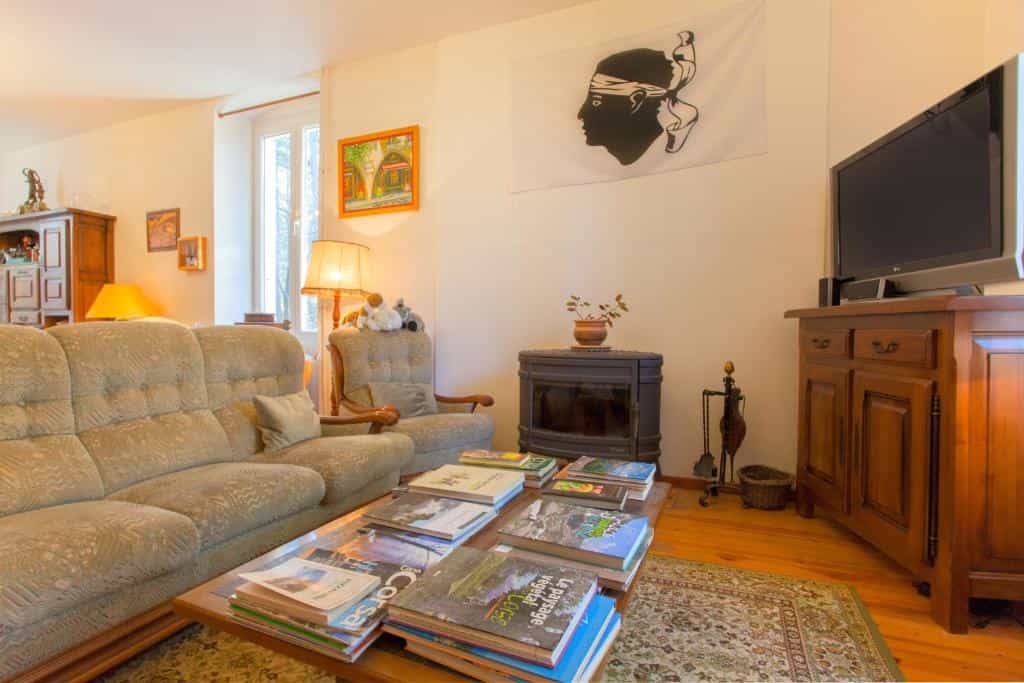 Living room with sofa, wood stove, TV, and Corsican flag on wall.