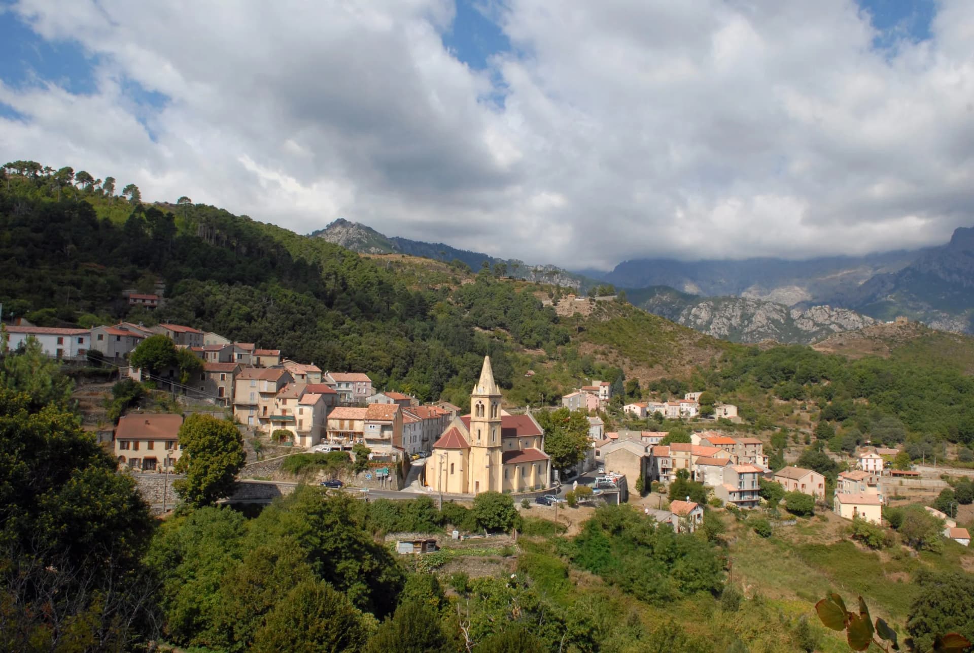 Hillside village with yellow church surrounded by dense green forest and rocky mountains under cloudy sky.