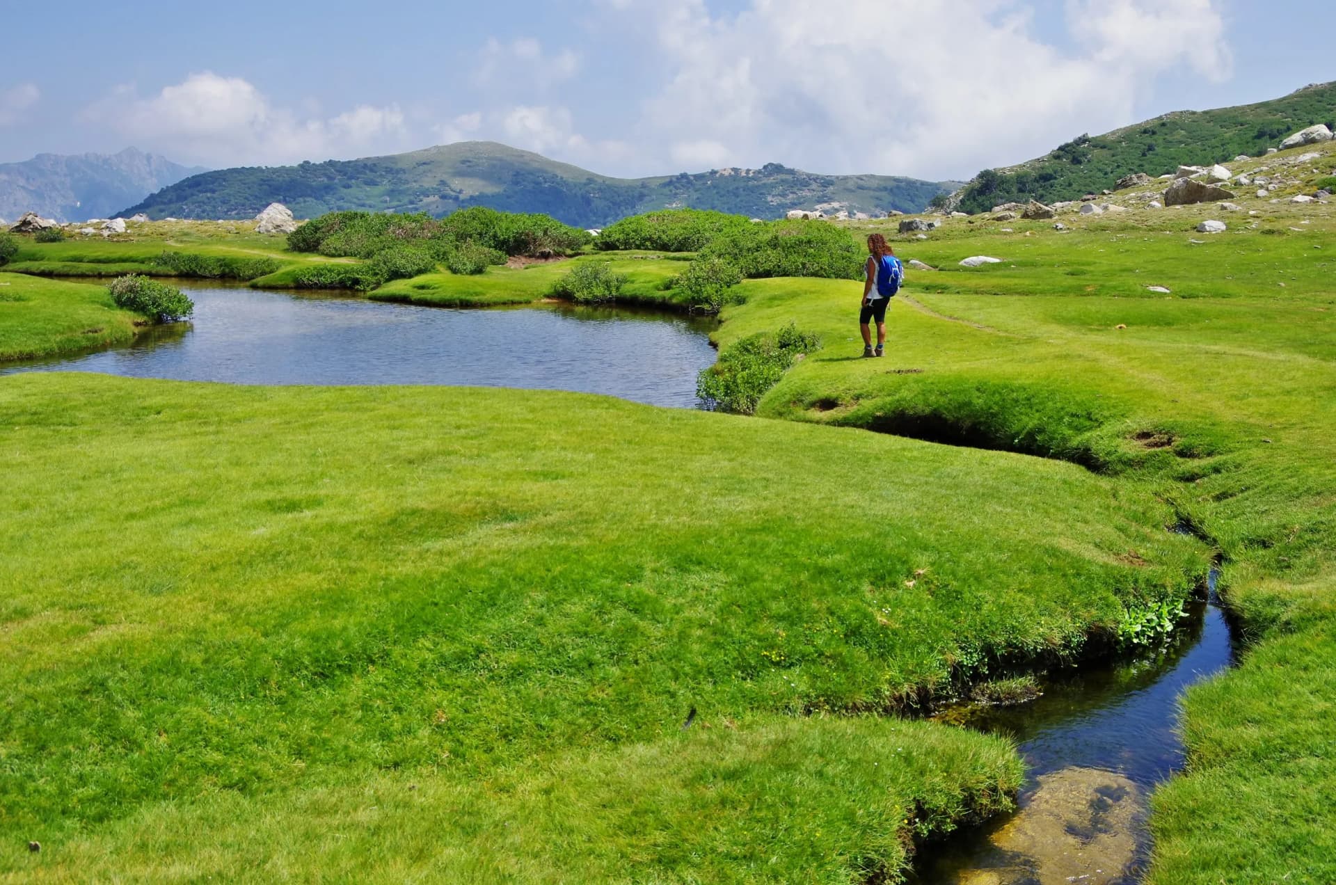 Hiker with blue backpack walking near stream in grassy Corsica mountain landscape