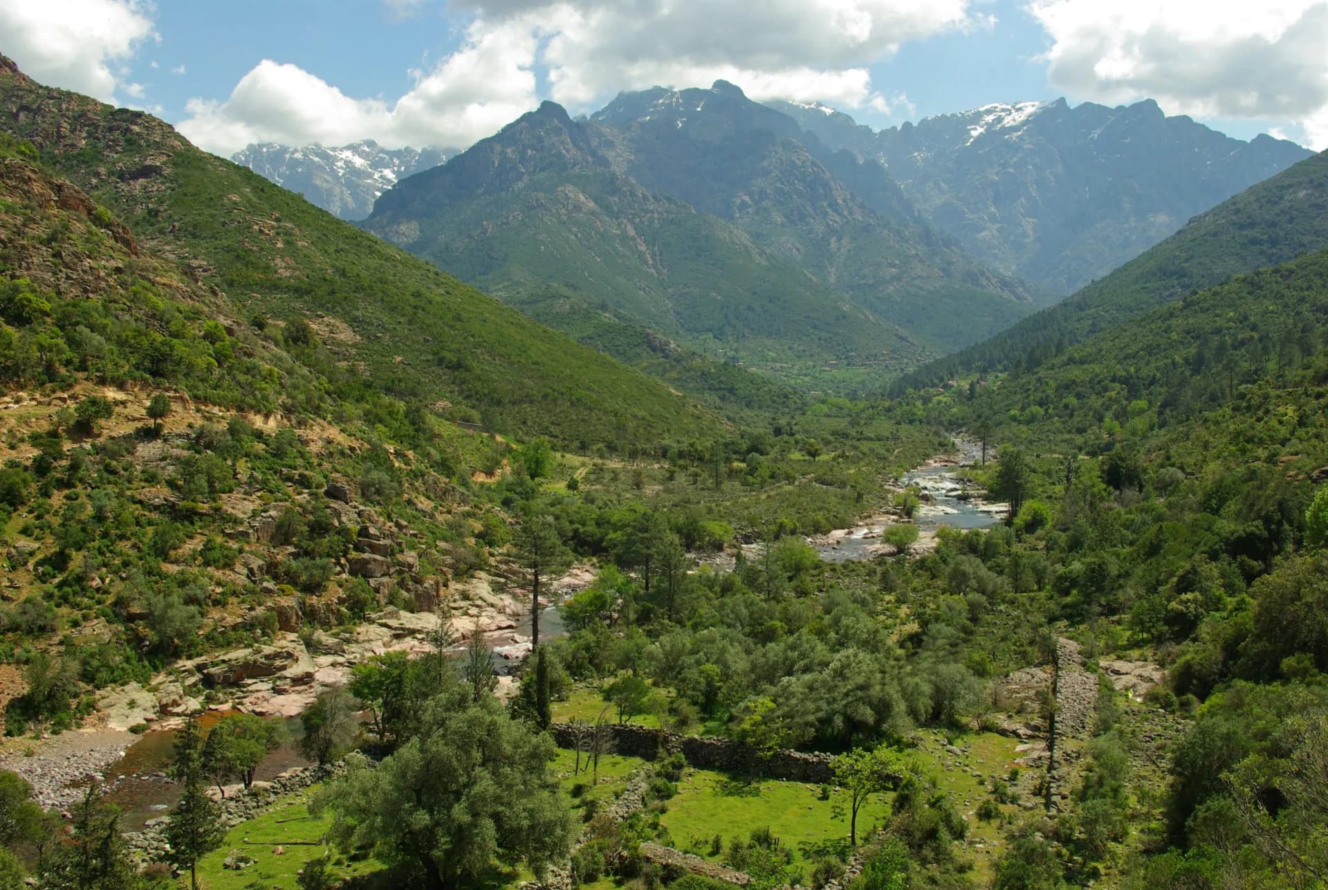 Wild landscapes of the Fango Valley in spring with green slopes, river, and snow-capped mountains.